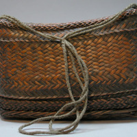 Pouch, basketry, three compartments inside one another, loops at sides