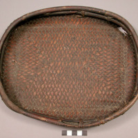 Basket tray, plant fiber, square reed base, reed rim, hole in one corner, painte